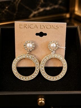 Erica Lyons Gold Hoop Earrings with Pearl and Crystal Accents